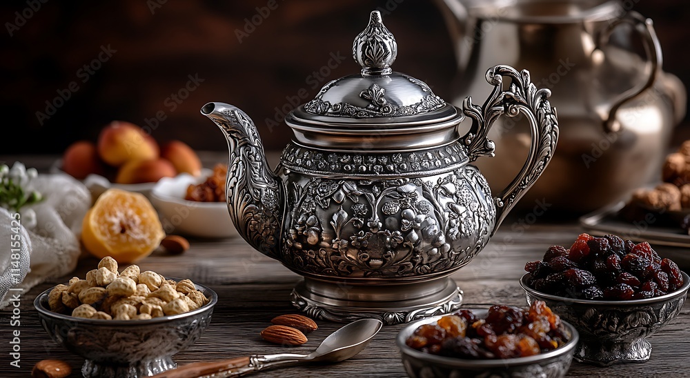 An elegant teapot with silver details, surrounded by small bowls of dried fruits and nuts on the table for Iftar during Ramadan. An elegant teapot with silver details, surrounded by small bowls of dried fruits and nuts on the table for Iftar during Ramadan.