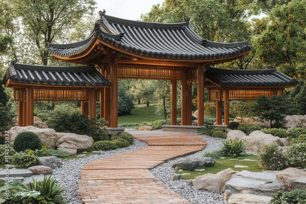 A serene garden pathway leads through traditional architecture and lush greenery. A serene garden pathway leads through traditional architecture and lush greenery.