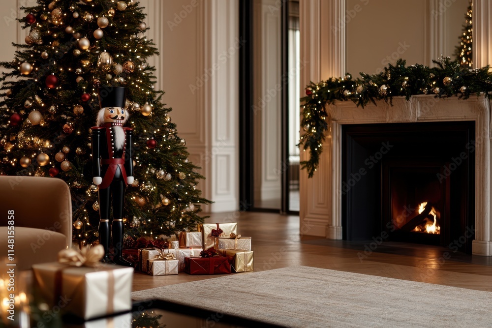 An elegant nutcracker stands beside a beautifully adorned Christmas tree, creating a festive and warm atmosphere perfect for holiday gatherings and celebrations. An elegant nutcracker stands beside a beautifully adorned Christmas tree, creating a festive and warm atmosphere perfect for holiday gatherings and celebrations.