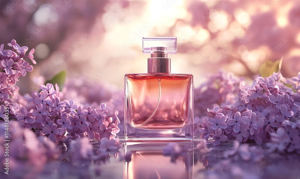 Lilac flowers and perfume bottle with vibrant color and scent Lilac flowers and perfume bottle with vibrant color and scent
