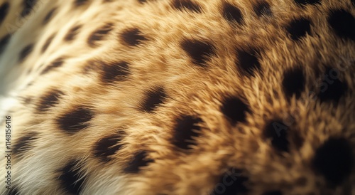 A close up of a cheetah's fur texture, showcasing the intricate pattern and softness of its coat, with a focus on natural lighting to highlight details. 