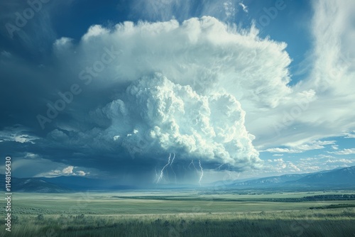 An impressive natural picture of a thundercloud with thunderbolts over a wide field