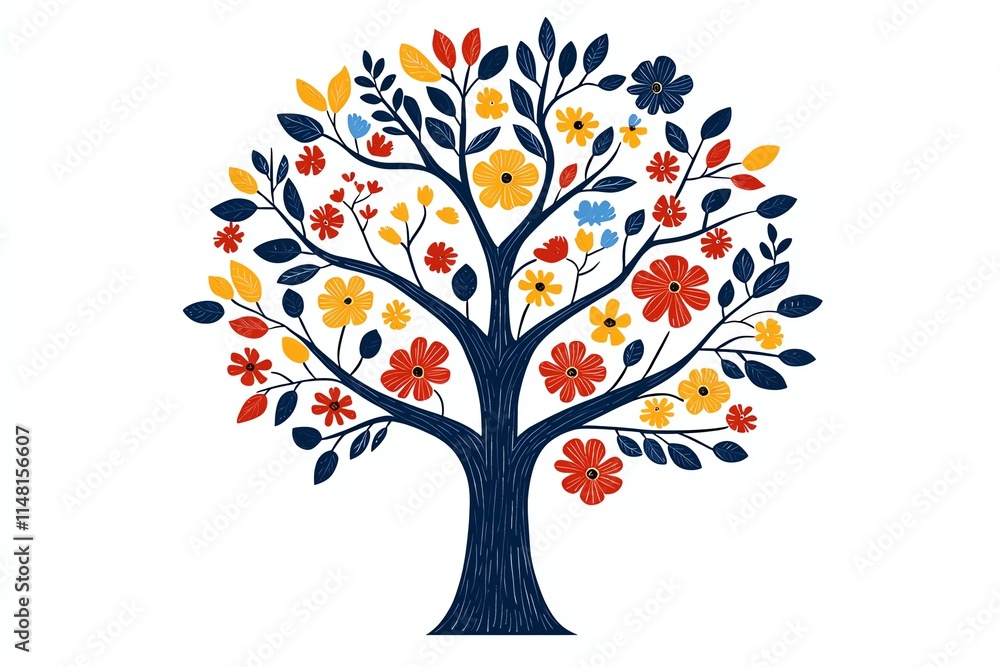 Fototapeta premium A vibrant, decorative tree illustration with colorful flowers and leaves in shades of blue, yellow, red, and orange, set against a white background.
