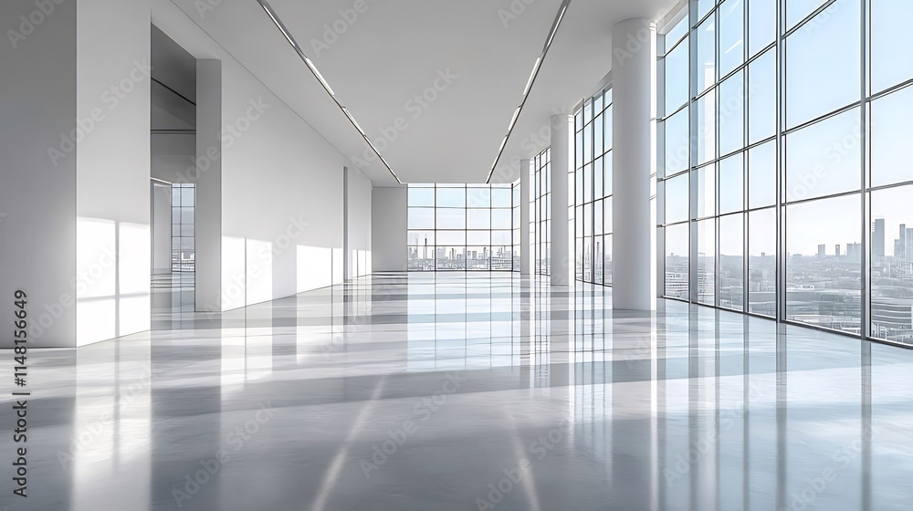Sunlit modern empty office space with large windows and city view. Sunlit modern empty office space with large windows and city view.