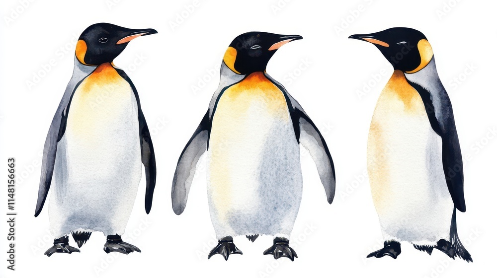 Fototapeta premium Celebrating World penguin day with illustrated emperor penguins. Horizontal banner. Copy space. Family of penguins on a white background. World Wildlife Day. Watercolor illustration