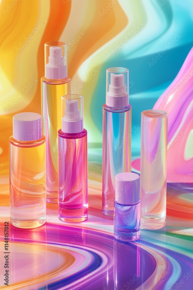 Skincare bottles placed in front of a swirling mix of bright pastels and neons. Skincare bottles placed in front of a swirling mix of bright pastels and neons.