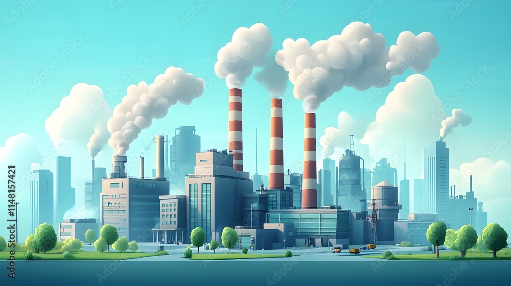 Fototapeta premium 3D cartoon industrial factory, cute chibi style. Smoking chimneys, buildings, trees, skyline in light blue palette. Minimalist vector art, environmental theme in isometric perspective.