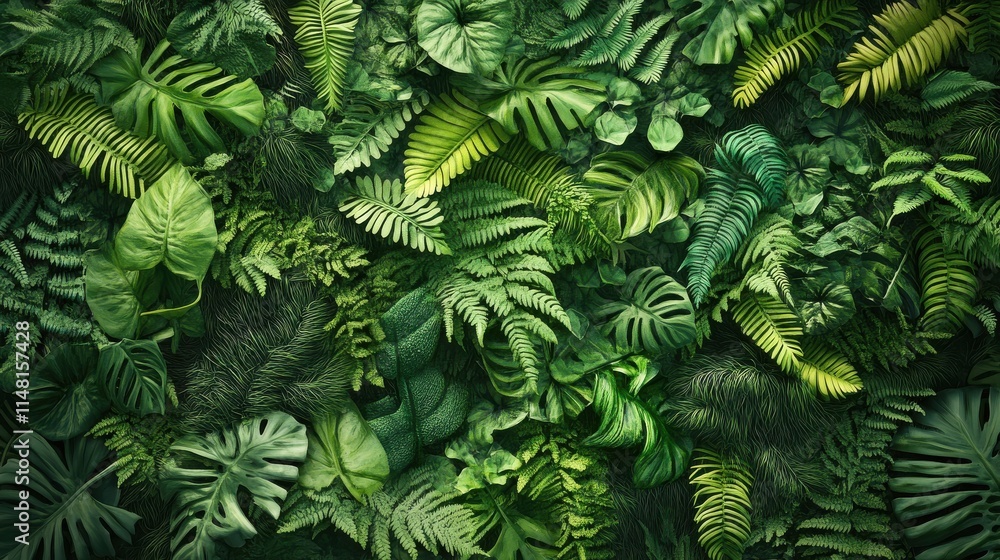 Obraz premium A vertical garden filled with a variety of ferns and vines, creating a living wall of greenery