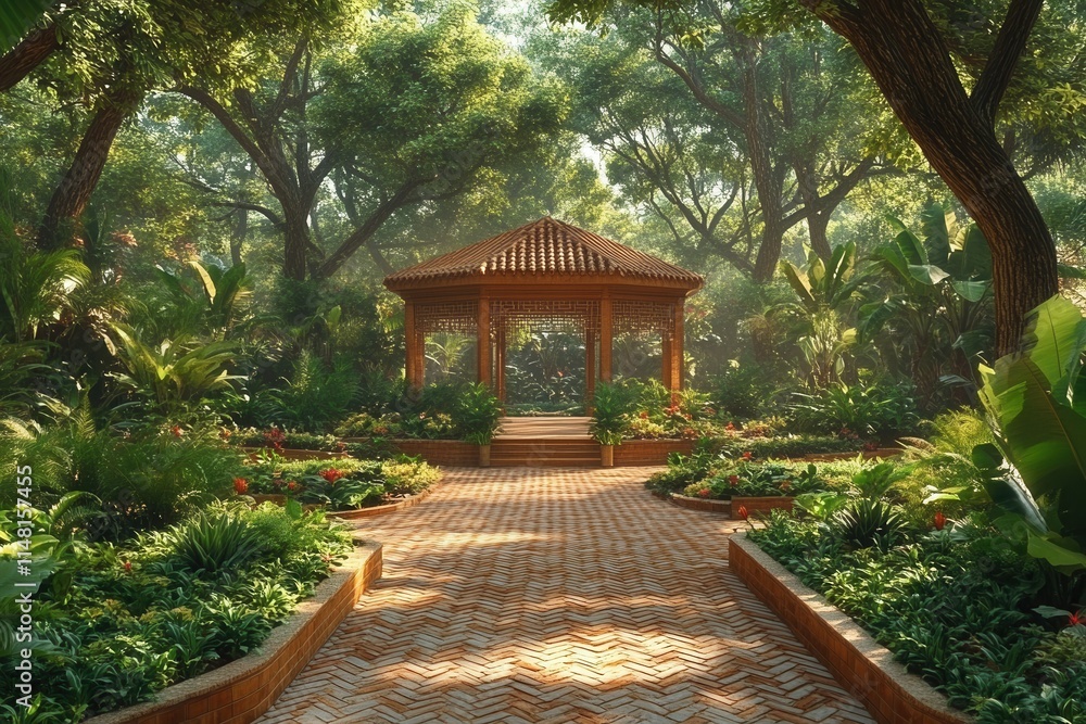 Naklejka premium A serene garden with a gazebo surrounded by lush greenery and a paved pathway.