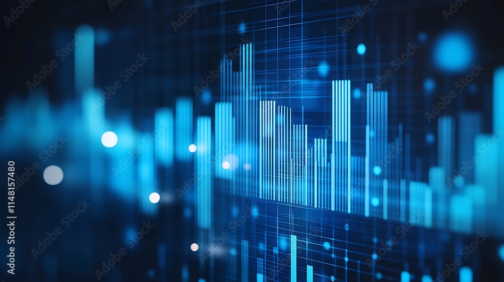 Abstract blue digital data visualization with bar graphs, lines, and dots on dark background. Abstract blue digital data visualization with bar graphs, lines, and dots on dark background.