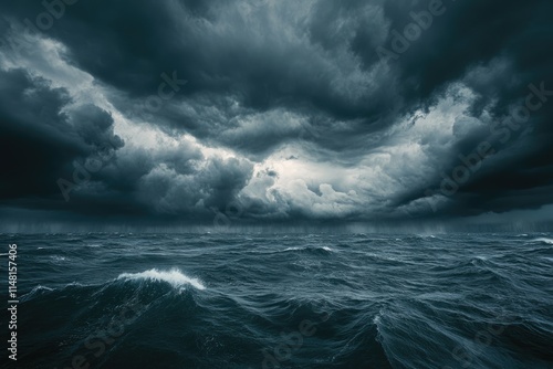 Dramatic stormy dark cloudy sky over sea natural photo background