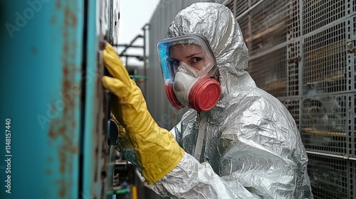 A worker clad in a reflective hazmat suit and protective gear inspects equipment with focus and caution, ensuring safety in a potentially hazardous industrial setting amidst cloudy conditions photo