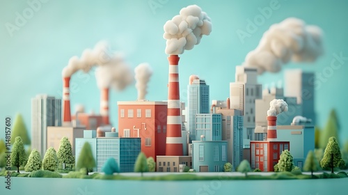 3D cartoon industrial factory, cute chibi style. Smoking chimneys, buildings, trees, skyline in light blue palette. Minimalist vector art, environmental theme in isometric perspective. photo