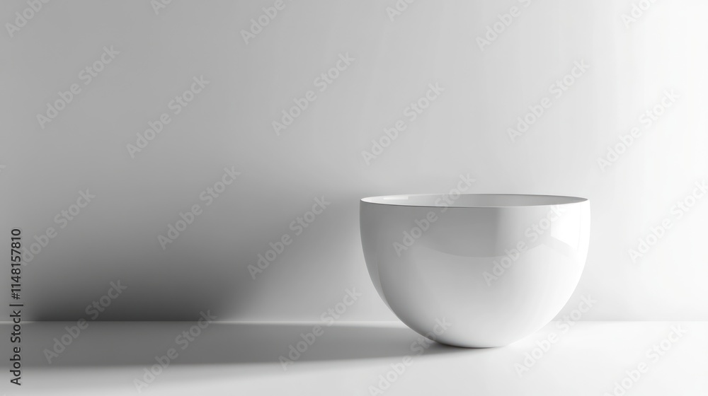 Minimalist white bowl on white surface against a white wall. Minimalist white bowl on white surface against a white wall.