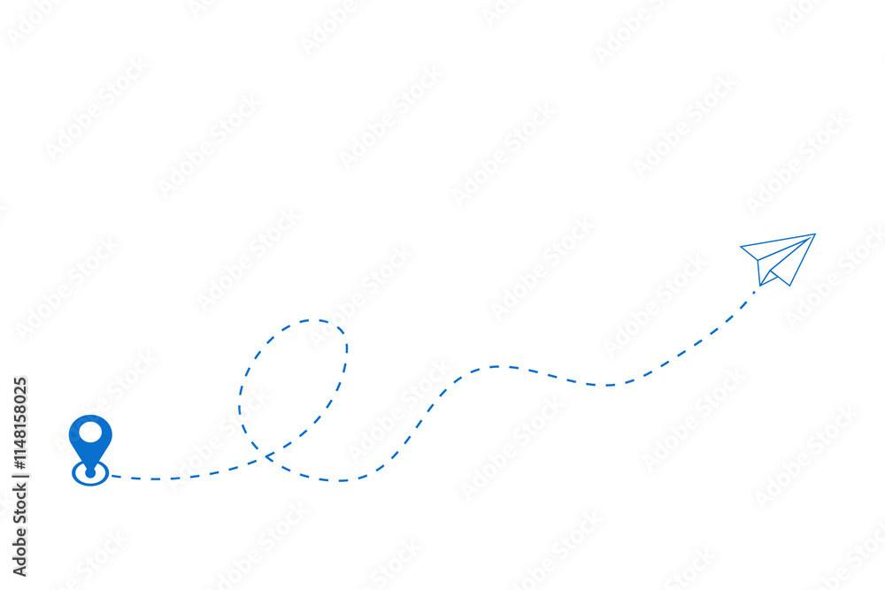 Airplane's flight path with a dashed line trace and a start point marker Airplane's flight path with a dashed line trace and a start point marker