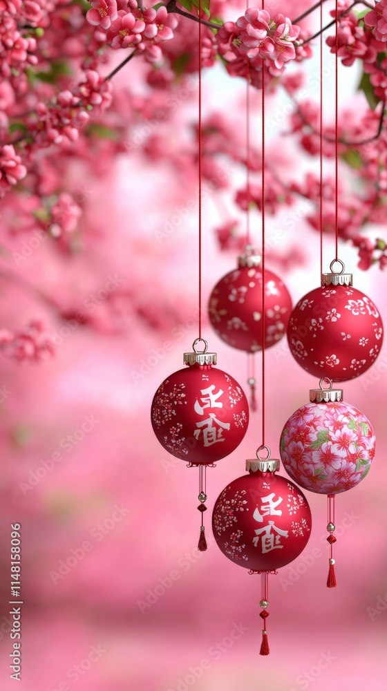 Obraz premium Red Chinese Ornament Hanging Decorations Spring Blossom Background