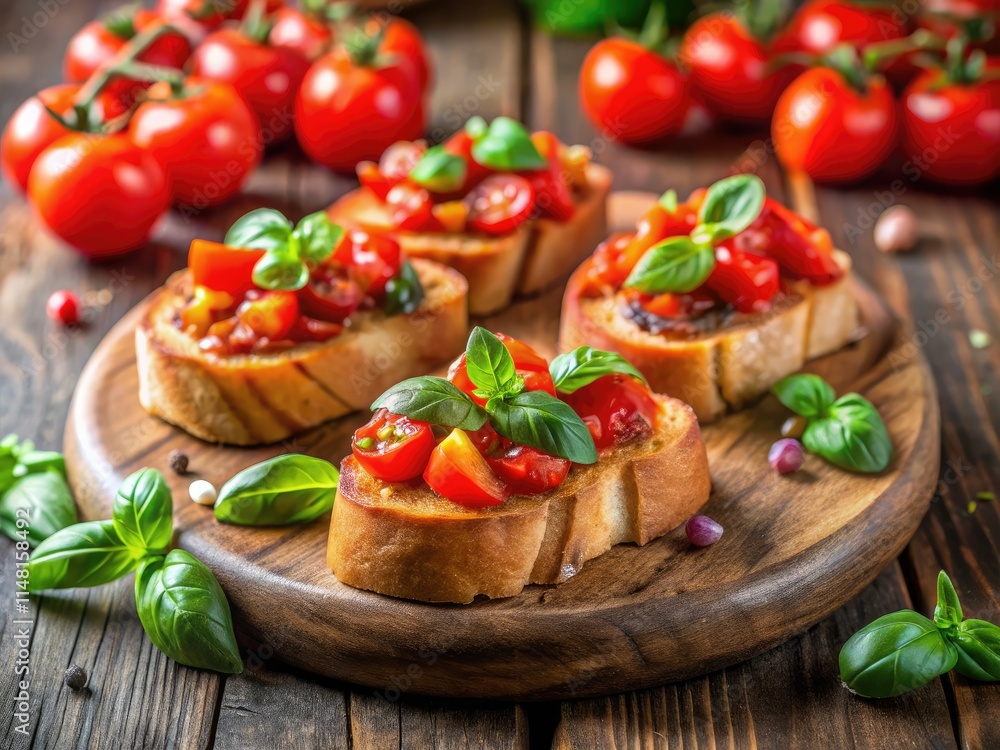 Rustic wooden board overflows with gourmet tomato bruschetta, a vibrant Italian appetizer panorama. Rustic wooden board overflows with gourmet tomato bruschetta, a vibrant Italian appetizer panorama.