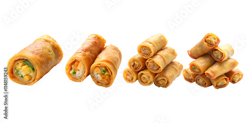 Egg roll stack and single piece isolated on transparent background