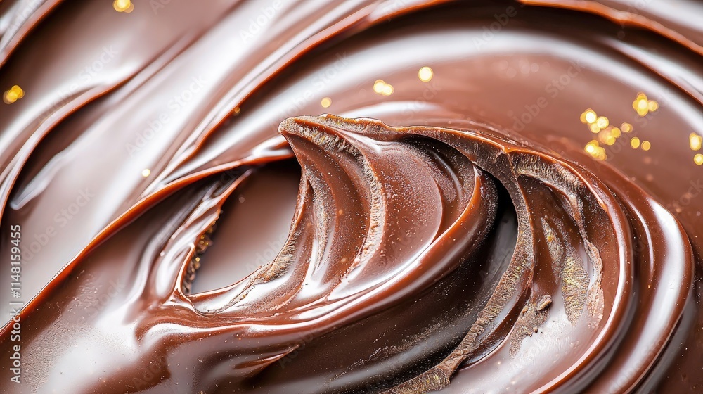 Close-up of rich, smooth melted chocolate with swirls and gold flakes. Close-up of rich, smooth melted chocolate with swirls and gold flakes.