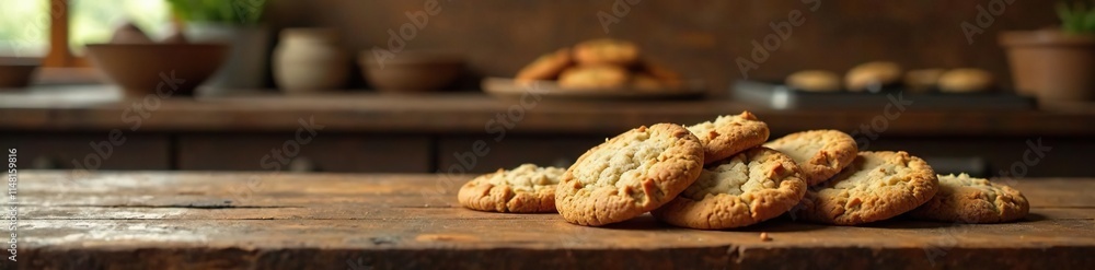 Cozy rustic kitchen with freshly baked cookies on a wooden table, lighting, warm, cookies Cozy rustic kitchen with freshly baked cookies on a wooden table, lighting, warm, cookies