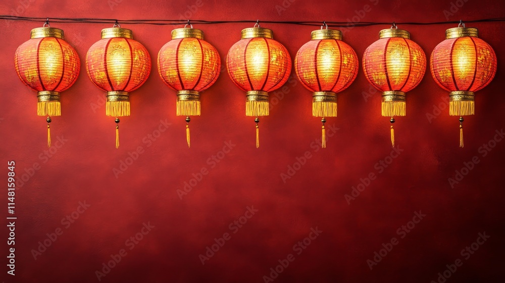 Bright Traditional Lanterns Hanging Against a Rich Red Background Creating a Festive Atmosphere for Celebrations Bright Traditional Lanterns Hanging Against a Rich Red Background Creating a Festive Atmosphere for Celebrations