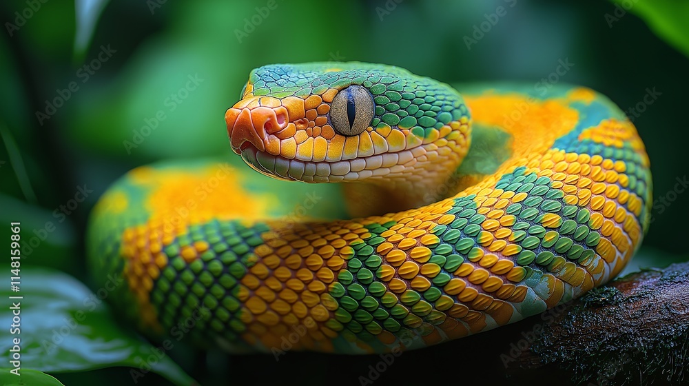 Close-Up of Vibrant Green and Yellow Snake Coiled on a Branch in a Tropical Jungle, Capturing Its Intricate Scales Close-Up of Vibrant Green and Yellow Snake Coiled on a Branch in a Tropical Jungle, Capturing Its Intricate Scales
