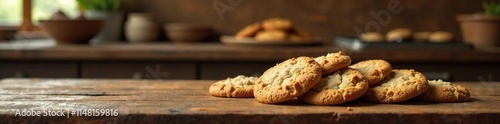 Cozy rustic kitchen with freshly baked cookies on a wooden table, lighting, warm, cookies