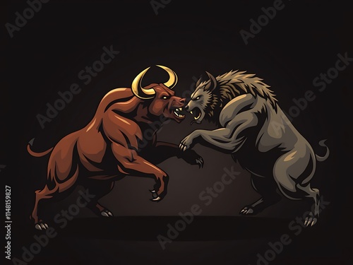 Bull vs. Hyena: A Fierce Confrontation in Dark Vector Art AI Generated photo