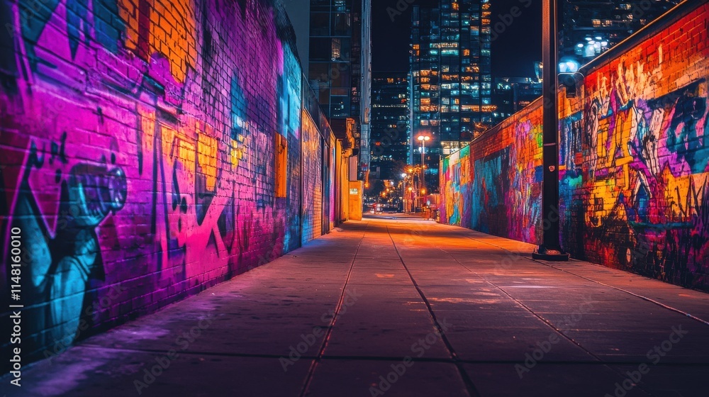 Fototapeta premium Nighttime Urban Alleyway Vibrant Graffiti Art Brick Walls Cityscape