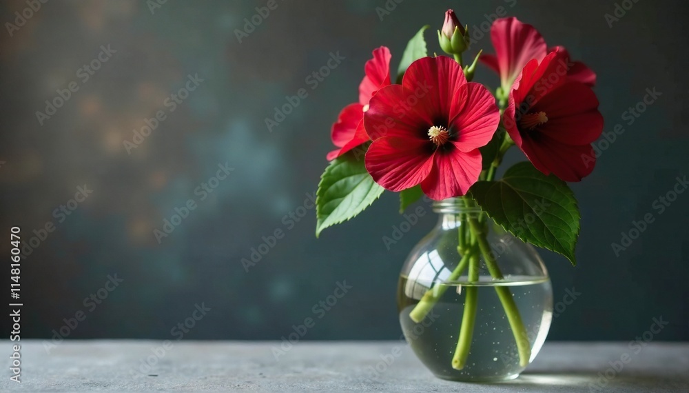 Dark red hollyhock flower in a vase with water, botanical, plant, vase Dark red hollyhock flower in a vase with water, botanical, plant, vase