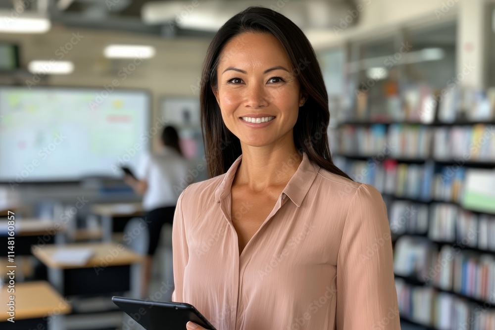 Fototapeta premium A confident educator stands in a contemporary classroom, smiling and holding a tablet, embodying modern teaching and inspiring a passion for learning among students.