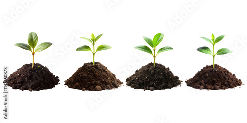 Small green plant in a mound of soil isolated on transparent background 