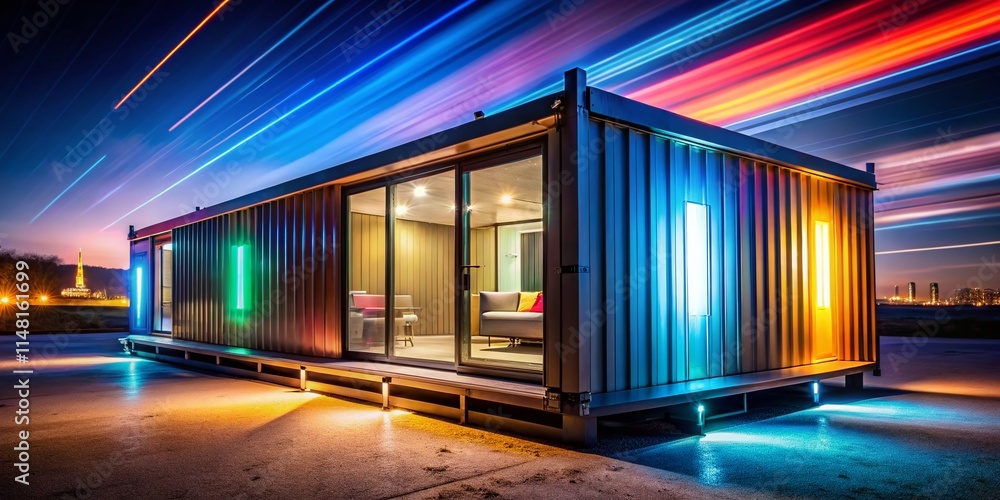 Long Exposure Photography: Mobile Home Container, Night Lights, Urban Landscape, Shipping Container Home, Modern Architecture, Minimalist Design Long Exposure Photography: Mobile Home Container, Night Lights, Urban Landscape, Shipping Container Home, Modern Architecture, Minimalist Design