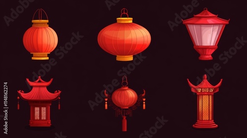 Elegant Collection of Red Lanterns and Traditional Asian Structures on a Dark Background
