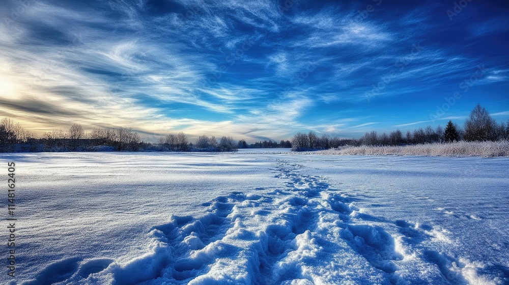 Serene Winter Landscape with Footprints in Fresh Snow and Sky Serene Winter Landscape with Footprints in Fresh Snow and Sky