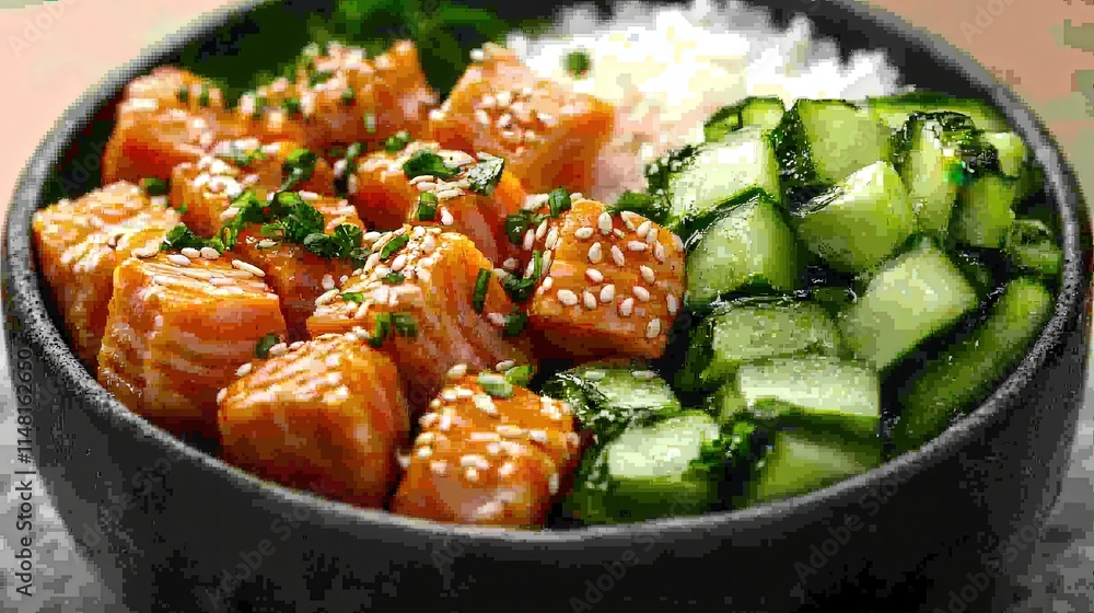 Delicious sesame-crusted salmon poke bowl with rice and cucumber. Perfect for healthy eating, lunch, or dinner. Delicious sesame-crusted salmon poke bowl with rice and cucumber. Perfect for healthy eating, lunch, or dinner.