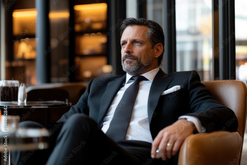 An elegant man in a tailored suit contemplates over a cup of coffee in a refined setting, merging professionalism with a moment of personal reflection. An elegant man in a tailored suit contemplates over a cup of coffee in a refined setting, merging professionalism with a moment of personal reflection.
