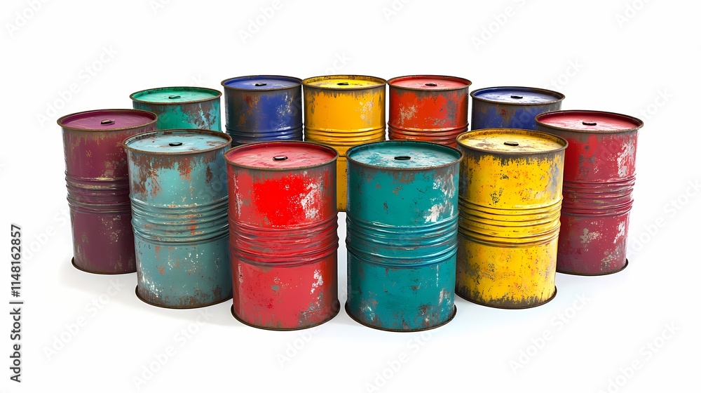 Colorful Rusty Metal Drums in Various Hues Arranged in a Grouping, Highlighting Textures, Patterns, and Vintage Aesthetic, Perfect for Industrial or Artistic Backgrounds Colorful Rusty Metal Drums in Various Hues Arranged in a Grouping, Highlighting Textures, Patterns, and Vintage Aesthetic, Perfect for Industrial or Artistic Backgrounds