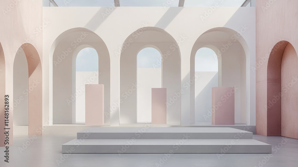 Fototapeta premium Minimalist Interior with Archways and Soft Pastel Colors in Elegant Modern Design Space