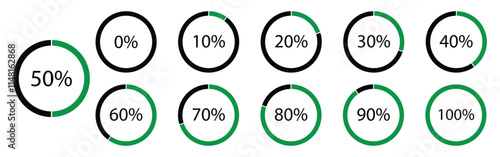 Circle loading icon set.  Loading progress bar. Percentage circle set. Loading indicator set. From 1 to 100. Vector illustration. simple flat design loading data interface elements app button