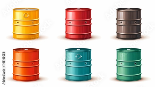 Colorful Vintage Oil Drums Illustrating Industrial Storage Solutions with a Variety of Designs and Features Suitable for Graphic and Artistic Use photo