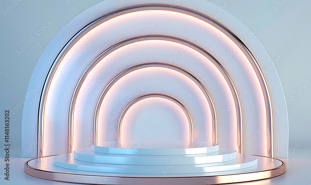 Abstract minimal white and rose gold podium with glowing arches. Abstract minimal white and rose gold podium with glowing arches.