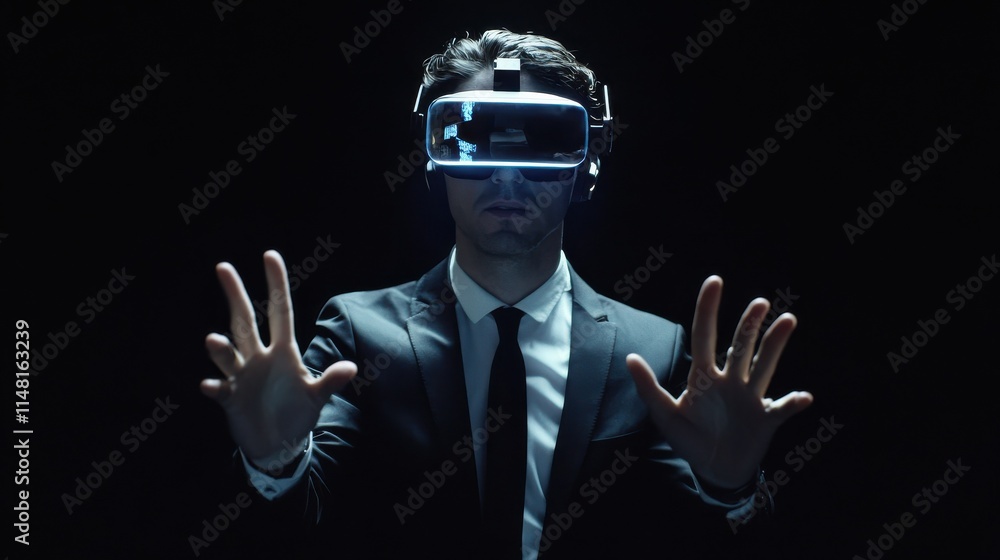 business, people, augmented reality and modern technology concept - businessman in virtual headset touching screen projection over black background business, people, augmented reality and modern technology concept - businessman in virtual headset touching screen projection over black background