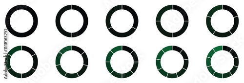  Pie chart set. Circle section graph. Set of infographic circle chart, pies segmented with equal parts, Wheels divided in eleven sections. Pie chart divided 1, 2, 3, 4, 5, 6, 7, 8, 9, 10 equal parts.