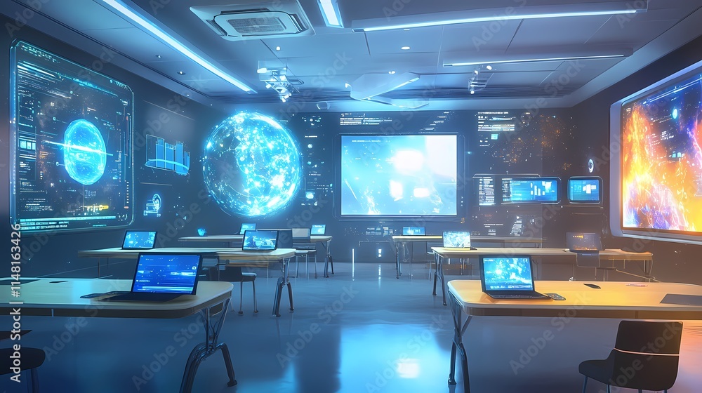 Futuristic High-Tech Classroom with Interactive Displays, Digital Interfaces, and Global Simulations for Learning and Collaboration in a Modern Education Environment Futuristic High-Tech Classroom with Interactive Displays, Digital Interfaces, and Global Simulations for Learning and Collaboration in a Modern Education Environment