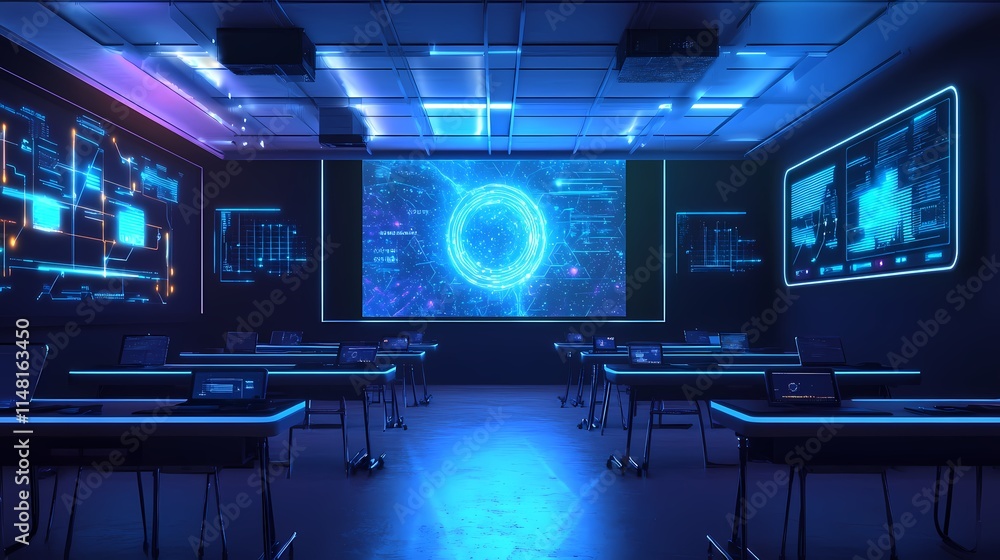 Fototapeta premium Futuristic Technology Classroom with Neon Lights and Data Visualization on Display, Featuring Modern Workstations and Interactive Learning Environment