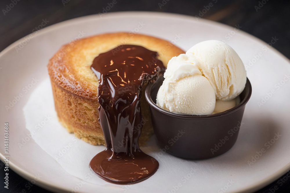 A chocolate lava cake served in a small dish, with molten chocolate flowing accompanied by a scoop of vanilla ice cream A chocolate lava cake served in a small dish, with molten chocolate flowing accompanied by a scoop of vanilla ice cream