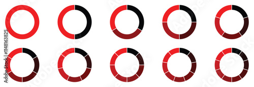 Pie chart set. Circle section graph. Pie chart divided 1, 2, 3, 4, 5, 6, 7, 8, 9, 10 equal parts. Set of infographic circle chart, pies segmented with equal parts, Wheels divided in eleven sections