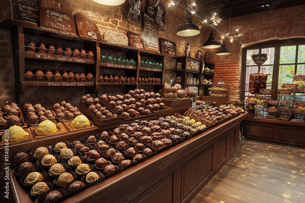 A chocolate shop interior with rows of truffles, pralines, and cocoa delights A chocolate shop interior with rows of truffles, pralines, and cocoa delights