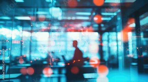 Wallpaper Mural Blurred silhouette of a person walking in a modern office with network connections overlaid. Torontodigital.ca